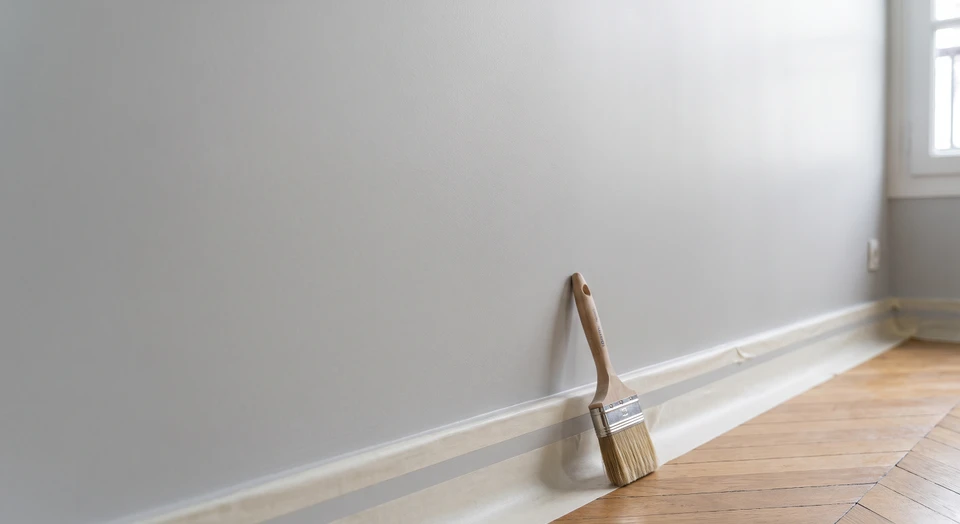 Un mur intérieur fraîchement peint, photographié de près, montrant une surface lisse et uniforme avec une finition impeccable, parfaitement peinte, avec un pinceau momentanément posé contre la base du mur. La lumière naturelle ou artificielle met en évidence l'homogénéité et la qualité de la finition peinte.