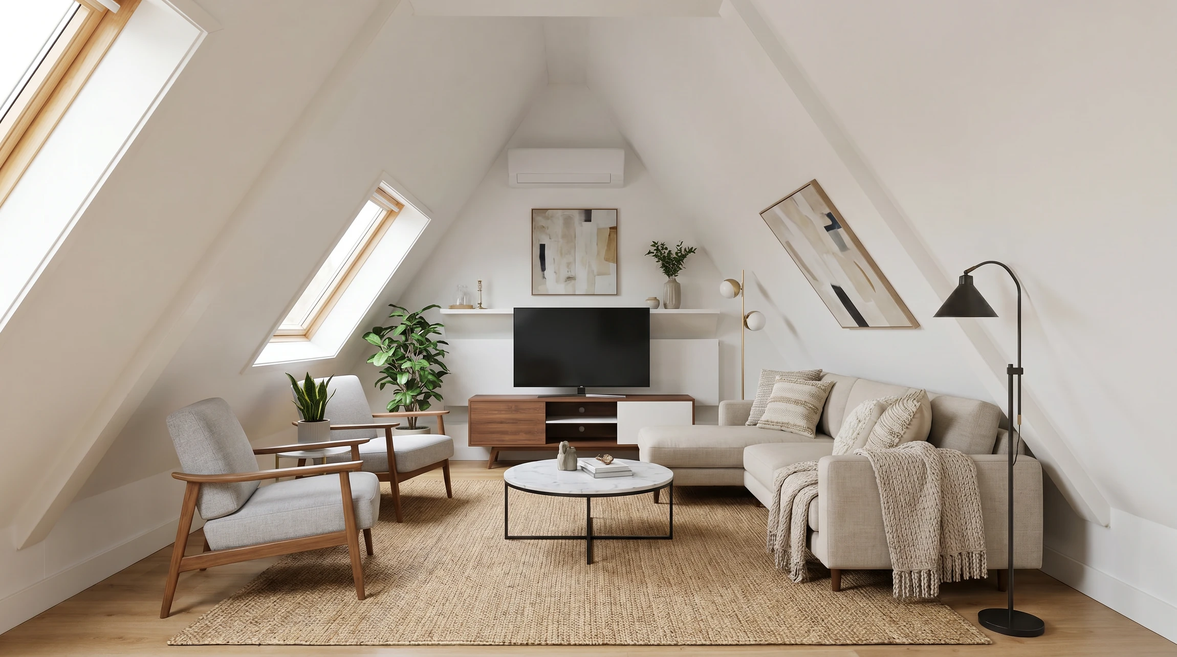 Ouvrier en équipement de protection individuelle installant de l'isolation thermique dans les combles d'une habitation